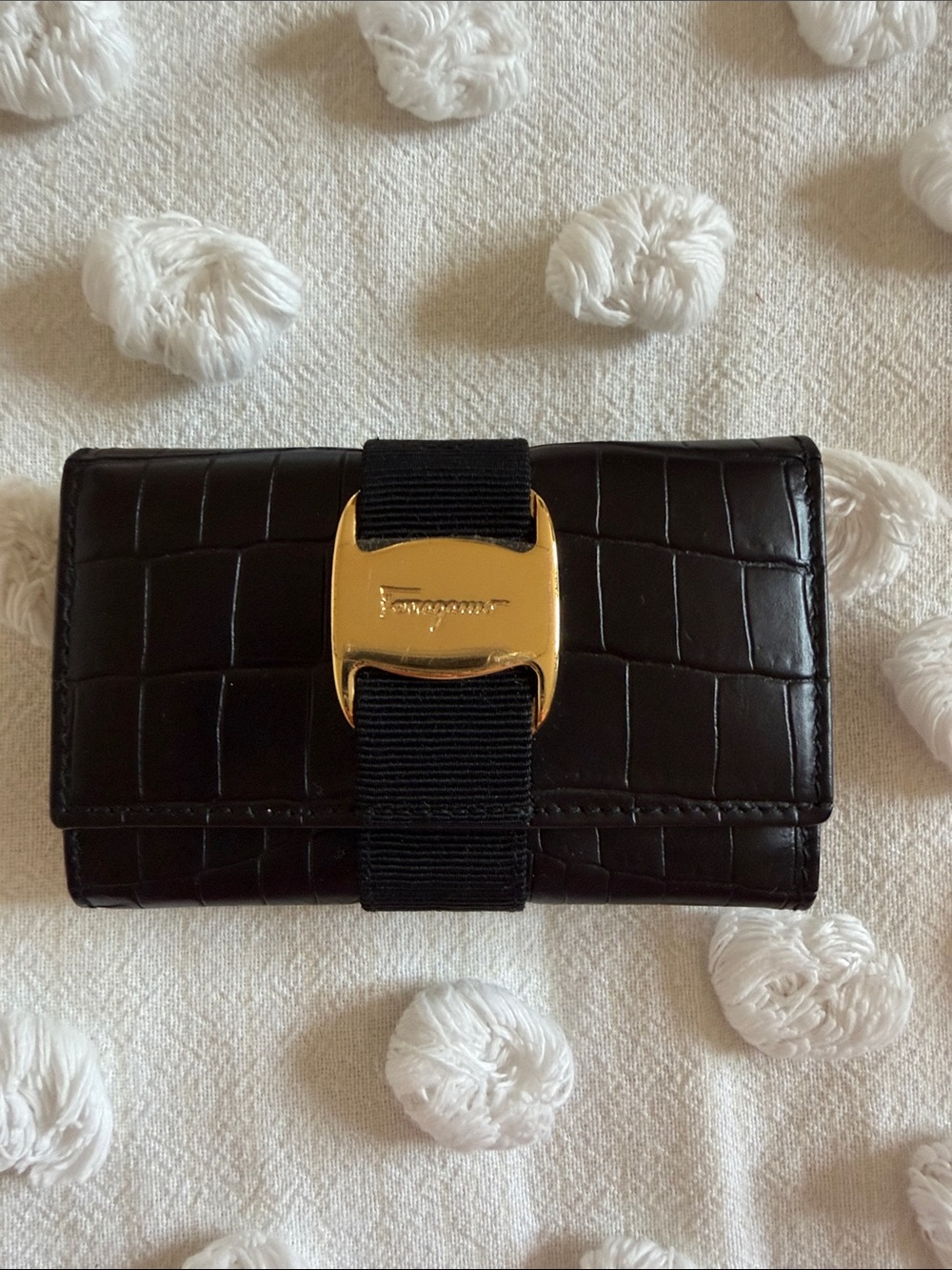 Salvatore Ferragamo Black Croc-Embossed Key Holder with Gold Buckle